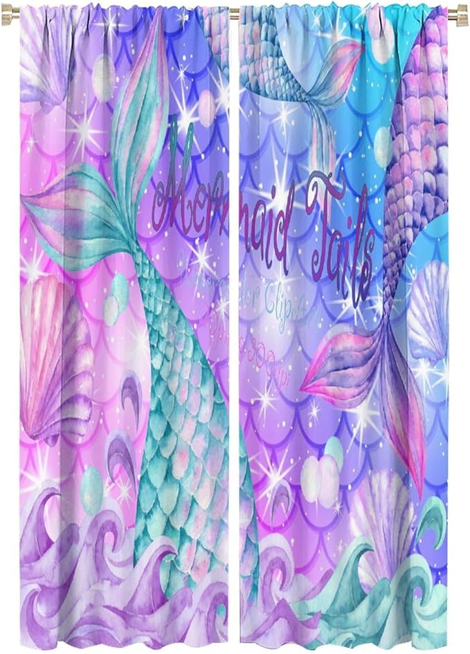 Dream Mermaid Curtain Colorful Mermaid Shell Ocean Theme Fantasy Blackout Curtains for Kids Boys Girls Bedroom Nursery Room Decor Rod Pocket Window Drapes 42x63in