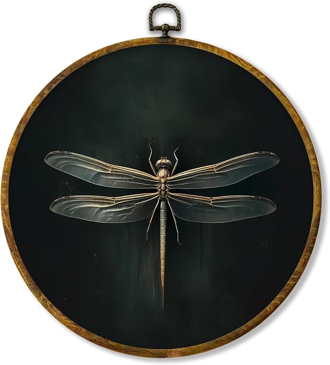 Hiuwevt Dark Dragonfly Round Wall Art Decor, Vintage Dark Academic Dragonfly Framed Canvas Prints, Gothic Dragonflies Round Wall Hanging Decor for Home Room Decorations, 10x10 Inches