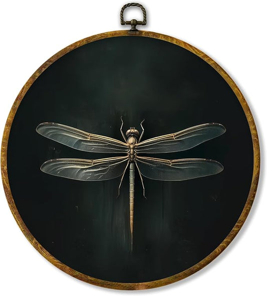 Hiuwevt Dark Dragonfly Round Wall Art Decor, Vintage Dark Academic Dragonfly Framed Canvas Prints, Gothic Dragonflies Round Wall Hanging Decor for Home Room Decorations, 10x10 Inches
