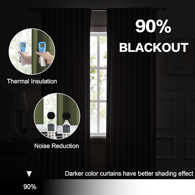 DUALIFE Olive Dark Green Curtains 96 Length 2 Panels, Blackout Curtains Thermal Insulated Window Treatment Room Darkening Drapes for Living Room Back Tab/Rod Pocket, 52 by 96 Inches Long
