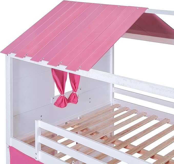 Twin Size House Bunk Bed with Elegant Windows and Sills, Solid Wood Tent Bed Frame with Guardrails for Kids Teens Boys Girls, Versatile Spacious Under Bed Space with Curtains (Pink+White T)