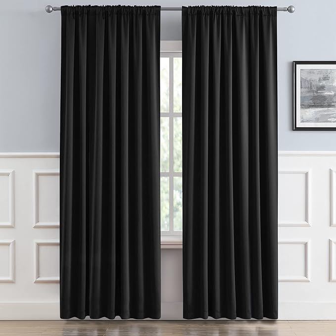 DUALIFE Black Curtains for Sliding Glass Door, Pinch Pleated for Track System Blackout Temporary Curtain for Windows Room Divider Patio Door Back Tab Loop Pocket, 2 Panels, W70 x L84