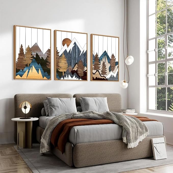 CHDITB Framed Canvas Mountain Wall Art Set, Country Woodcut Style Wall Decor, Forest Nature Wilderness Wall Painting, Modern Art Prints for Living Room, Bedroom, Farmhouse - Large Size 16"x24"x3