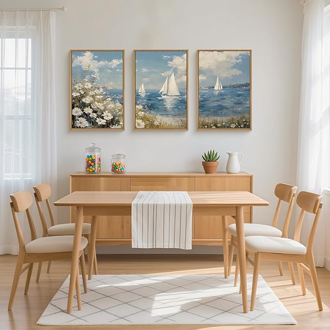 FWIEXA Coastal Wildflower Canvas Wall Art Framed, Ocean Sailboats Pictures Wall Decor, Beach Flower Seascape Painting, 3 Pieces 16x24In Nautical Blue Sky Artwork for Living Room, Bedroom, Bathroom, Rustic Farmhouse