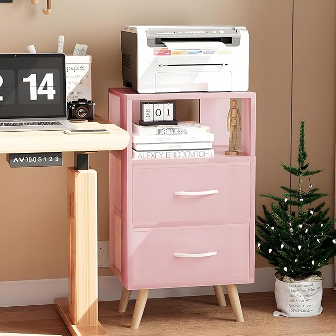 Night Stand, Pink Kids Nightstand with 2 Fabric Drawers, Nursery Side Table with Open Storage, 3-Tier Modern End Table, Bedside Table for Small Space, Living Room, Bedroom