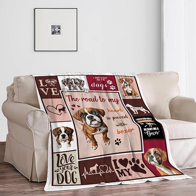 Boxer Blanket Cute Puppy Decor Throw Blanket Super Soft Flannel Lightweight Fluffy Plush Cozy Fuzzy Fleece Blanket Gifts for Dog Lover Girl Boys Woman Man Kids Adults for Bed Sofa Couch 60"X80"