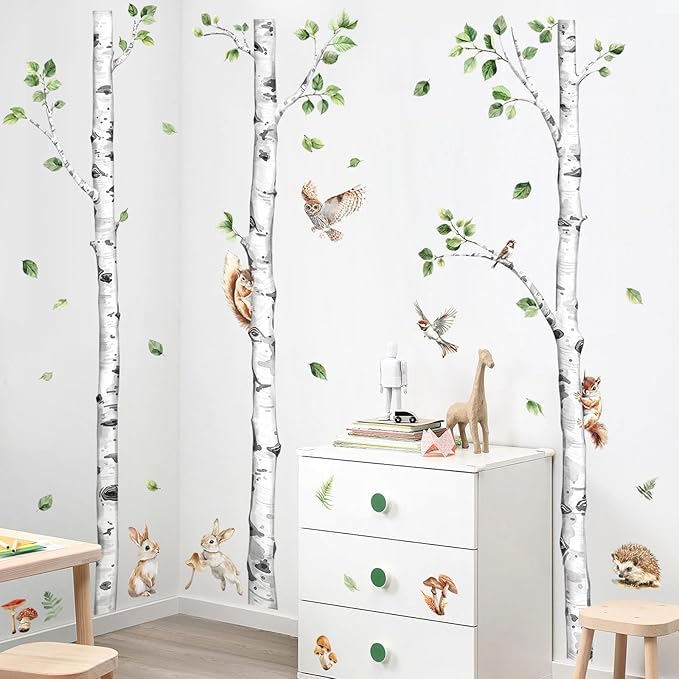 Large Birch Tree Wall Decals, Forest Animal Wall Stickers Deer Rabbit Squirrel Owl Peel and Stick Wall Decal Waterproof Wall Art Sticker for Baby Nursery Kids Room Home Decor (H: 60.2 in)