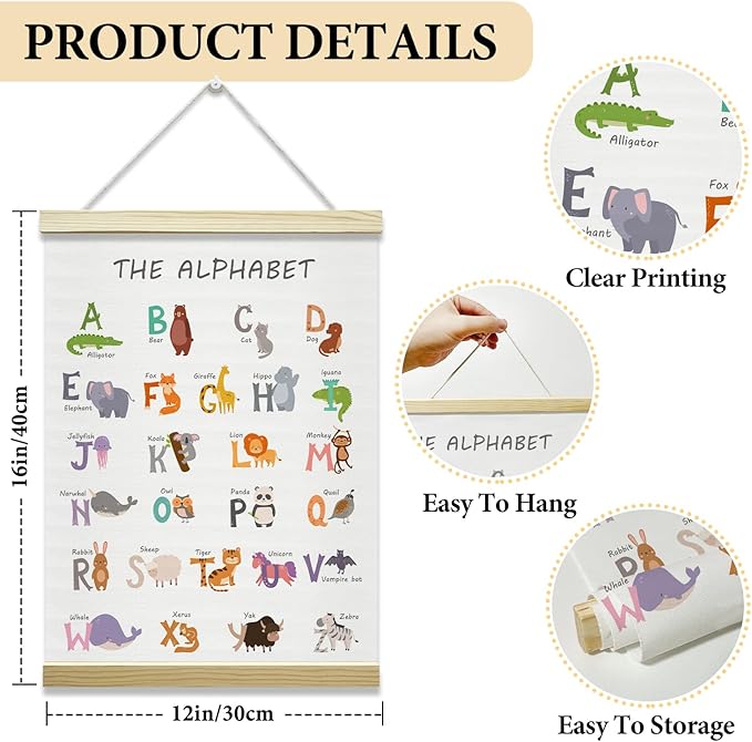 Nopoben Alphabet Poster Hanger Frame, Animal Prints Wall Art With Wooden Poster Hanger, Educational Animals Wall Decor, Kids Room Nursery Bedroom Classroom Decor(12x16 Inches)-20