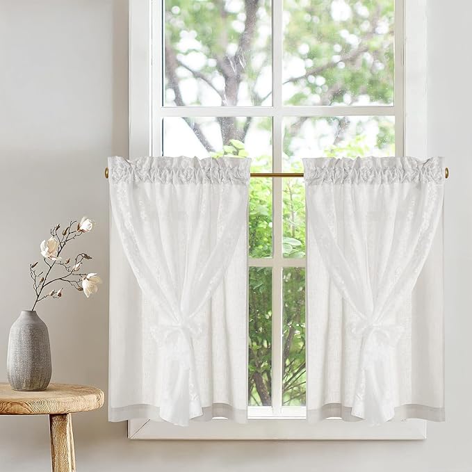 PONY DANCE Linen White Short Curtains for Living Room, Thermal Insulated Room Darkening Farmhouse Curtains,Double Layer Curtain for Girls' Bedroom, 29W x 36L, White, 2 Panels