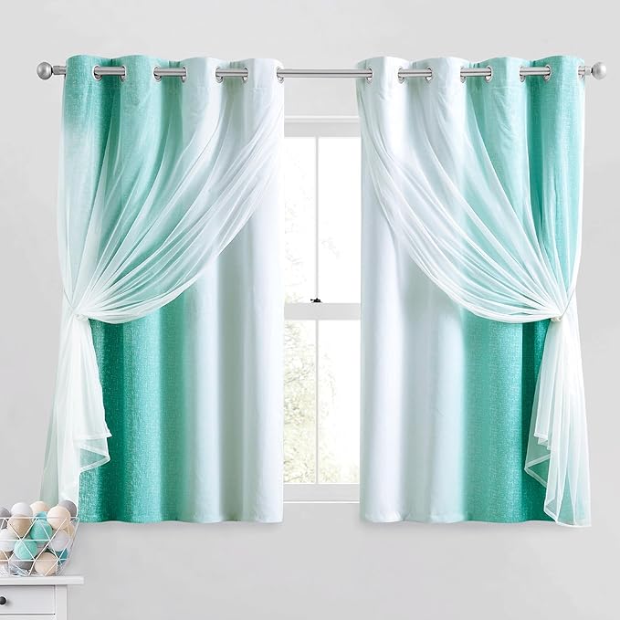 100% Blackout Curtains with Sheer Overlay Mix and Match Double Layer Drapes 54 Inch Length 2 Panels for Bedroom Living Room Teal White Ombre Grommet Window Treatment with Tiebacks