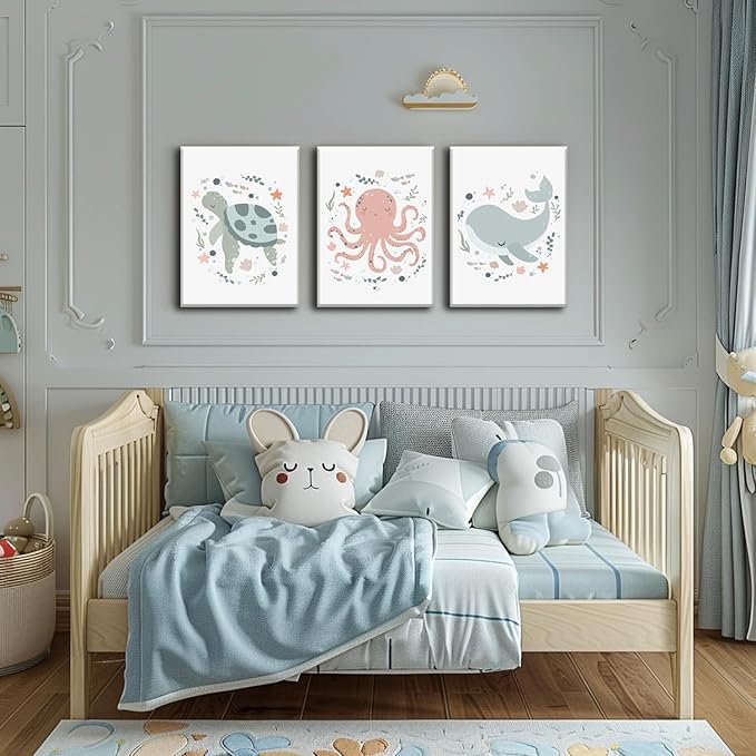 Wodkwq Ocean Nursery Decor, Set of 3 Boys Room Sea Animal Wall Art Picture Canvas Prints, 16x24in Framed