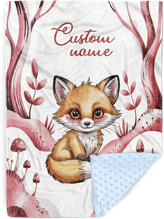 Personalized Baby Blanket with Name – Woodland Rusty Red Fox Design Soft Receiving Blanket for Newborn Girls, Custom, Cozy Nursery Decor for Toddlers