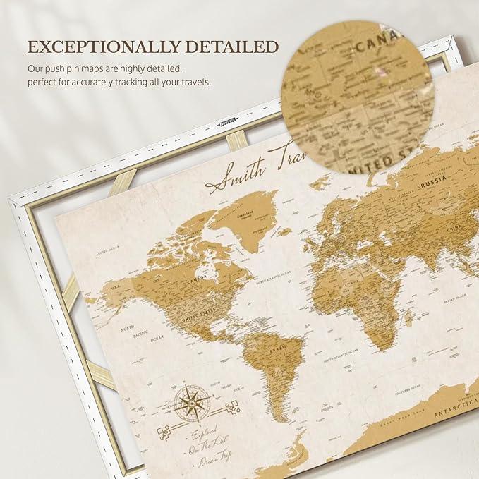 ElephantStock - Personalized Travel Push Pin World Map Wall Art - Horizontal Canvas Wall Art - Living Room Wall Decor - Digital Art Map Canvas Art - Orange And Beige Decor - 36" x 24"
