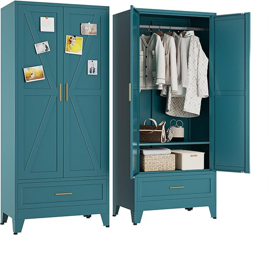 Metal Wardrobe Closet Cabinet with Drawers,71" H Large Bedroom Armoires with Shelves and Hanging Rod,Wardrobe Storage Cabinet with 2 Doors, 1 Adjustable Shelf and Drawers (1Drawer, Blue)