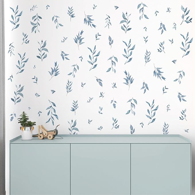 Watercolor Leaves Wall Stickers Blue Country Leaf Wall Decals Peel and Stick Small Tree Leaf Wall Stickers Removable Botanical Plant Leaves Wall Decals for Bedroom Living Room Decor