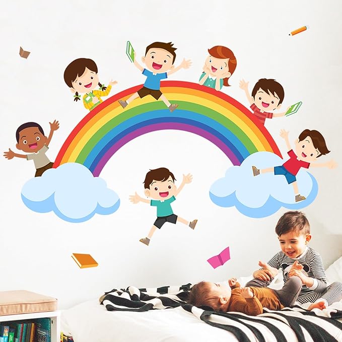Watercolor Rainbow Wall Decals Educational Wall Stickers for Kids Room, Large Rainbow Cloud Wall Decor Students Reading Art Murals Peel and Stick Decorations for Nursery Classroom