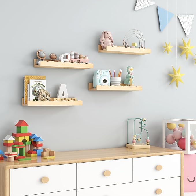 Fun Memories Picture Ledge Shelf for Wall, 16 inch Pine Wood Nursery Book Shelves Set of 4- Wall Book Shelves for Kids Room, Home Decor - Kitchen Spice-Natural