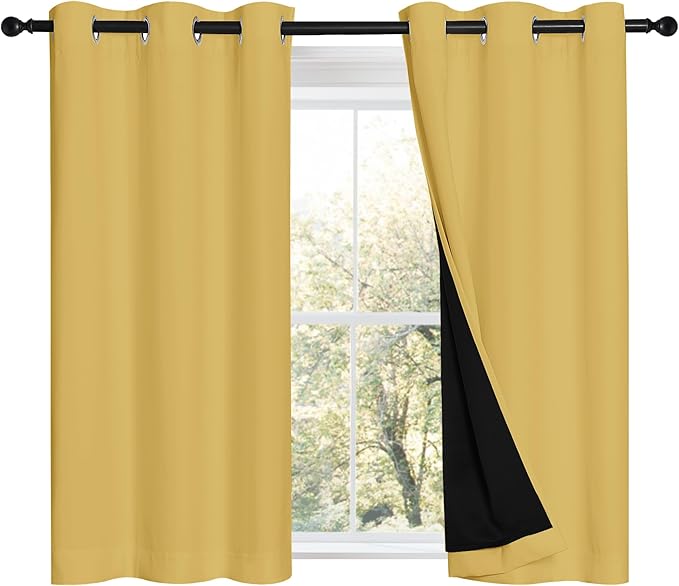 NICETOWN 100% Blackout Short Curtains with Black Liners, 2 Panels, 37" W by 40" L, Bright Yellow, Thermal Insulated Full Blackout 2-Layer Lined Drapes, Energy Efficiency Window Draperies for Bedroom