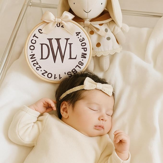 Personalized Baby Name Sign Welcome Baby Announcement Sign Newborn Baby Embroidery Hoop with Bows Baby Hospital Name Sign Custom Infant Baby Name Baby Shower Gifts (14)