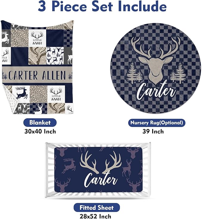 Custom Baby Crib Bedding Set - Navy Deer Design Personalized Name Baby Nursery Bedding 3 Pcs Set - Chic Soft Blanket, Fitted Sheet, Room Rug for Newborns Boys Girls Gifts