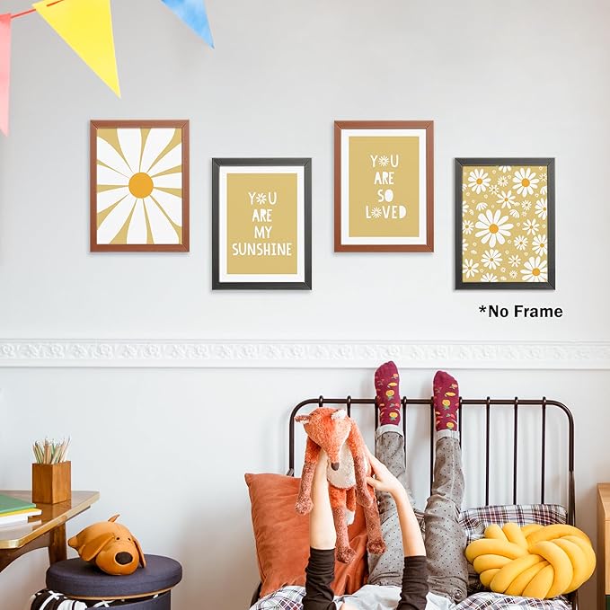 AEHIE Boho Yellow Daisy Flower Decor Wall Art Print, You Are My Sunshine Poster Prints for Baby Girls Room Nursery Decor, Spring Aesthetic Floral Wall Art Print for Home, 4pcs 12x16inch