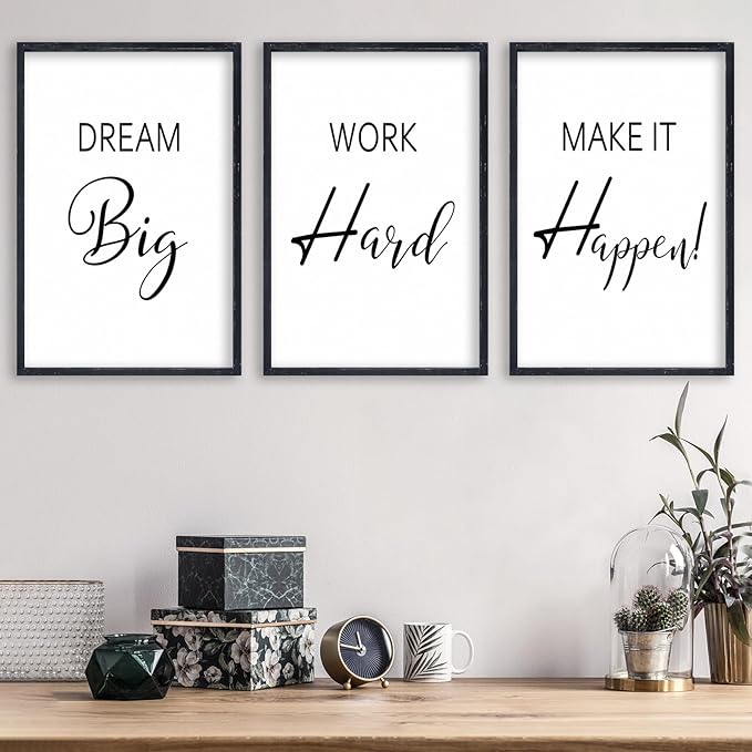 LuZhiQiang Inspirational Positive Wall Decor 16"×11" Dream Big Work Hard Make it Happen Sign Set Of 3 Large Wood Framed Motivational Quotes for Office Living Room Home Art Women Hanging (Black)