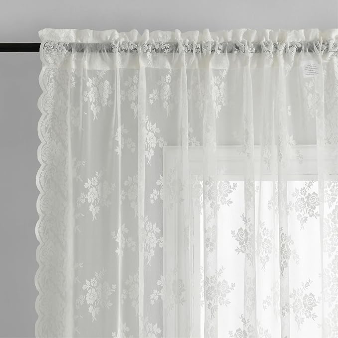 Kotile Ivory Lace Curtains 94 Inches Long, W52 x L94 Inch, 2 Panels, Country Rustic Floral Vintage Lace Curtains for Living Room Rod Pocket Privacy Light Filtering Cottagecore Sheer Window Curtain