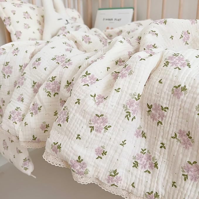 BuLuTu Purple Flower Baby Quilts for Kids Muslin Comforter Large Thin Summer Quilt for Crib/Cradle/Cot, 2-Layer Muslin Toddler Blanket Purple Perilla Pattern, 47x59 Inch