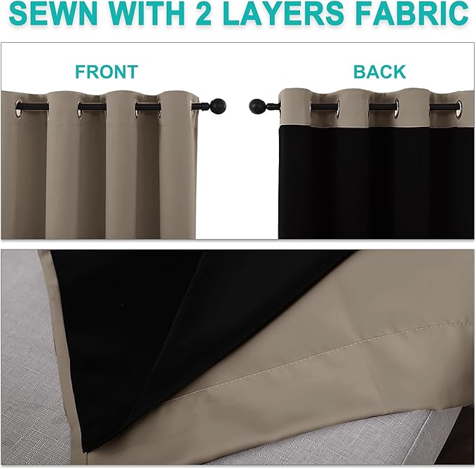 NICETOWN 100% Blackout Curtains with Black Liners, Thermal Insulated Full Blackout 2-Layer Lined Drapes, Energy Efficiency Window Draperies for Bedroom (Taupe, 2 Panels, 62-inch W by 63-inch L)