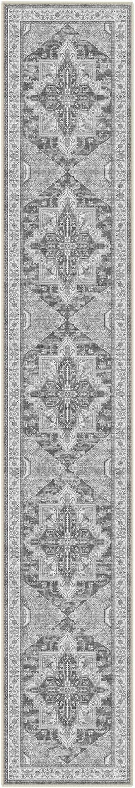 WITSHOCK Extra Long Runner Rug for Hallway 2x12: Washable Vintage Boho Low Pile Stain Resistant Foldable Carpet for Bedroom Kitchen Entryway Indoor Entrance Distressed Farmhouse Home Decor, Grey