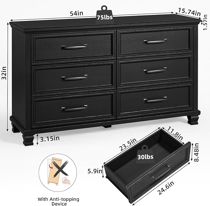 Farmhouse Wood 6 Drawer Dresser Set of 2, 54 inch Wide Large Vintage Chest of Drawers for Bedroom, Rustic Dressers TV Stand with Square Solid Wooden Legs for Living Room, Hallway, Black