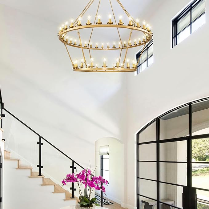 Wagon Wheel Chandelier, 2-Tier 54-Light Gold Large Modern Farmhouse Chandelier with Adjustable Height Island Light Fixture for High Ceiling Dining Room, Kitchen, Living Room, Entryways, Foyer