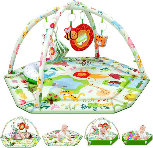 Baby Play Mat,Tummy Time Mat with 6 Detachable Toys-Activity Gym for Visual, Auditory & Motor Development-Washable Baby Activity Mat for 0-12 Month Infants(Animal Theme)