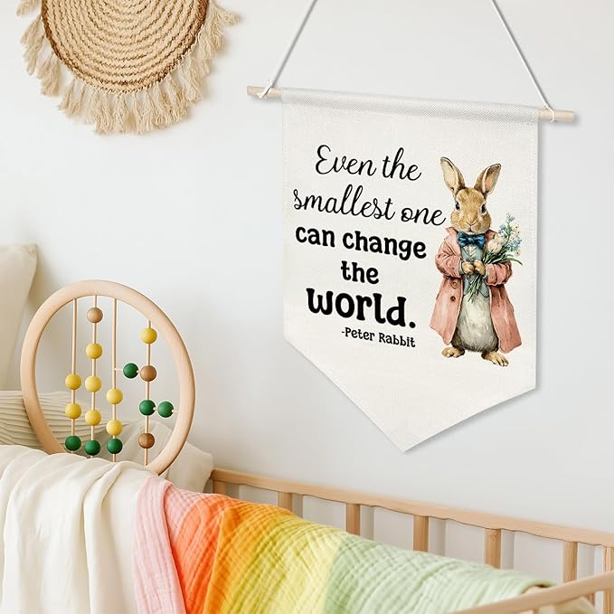 Retro Rabbit Wall Hanging Banner-Even the Smallest One Can Change the World- Canvas Poster,Inspirational Decor for Kids Room,Nursery, Newborn Gift from Parents or Grandparents(KD31)