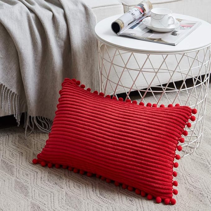 Fancy Homi Pack of 2 Christmas Rectangle Decorative Throw Pillow Covers with Pom-poms, Soft Corduroy Accent Solid Cushion Case Set for Couch Sofa Bedroom Car Living Room (14x24 Inch/35x60 cm, Red)