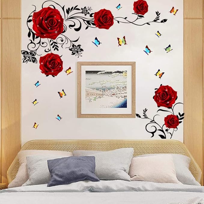 Supzone Red Rose Wall Stickers - DIY Vinyl Mural Art for Bedroom, Living Room, Sofa Backdrop & TV Wall Decoration