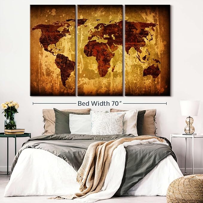 ElephantStock Vintage World Map Wall Art Multi Piece Canvas - 3 Piece Canvas World Map Wall Decor -Wall Decor - Ready-to-Hang Print - Vintage Wall Art - 74" X 48"