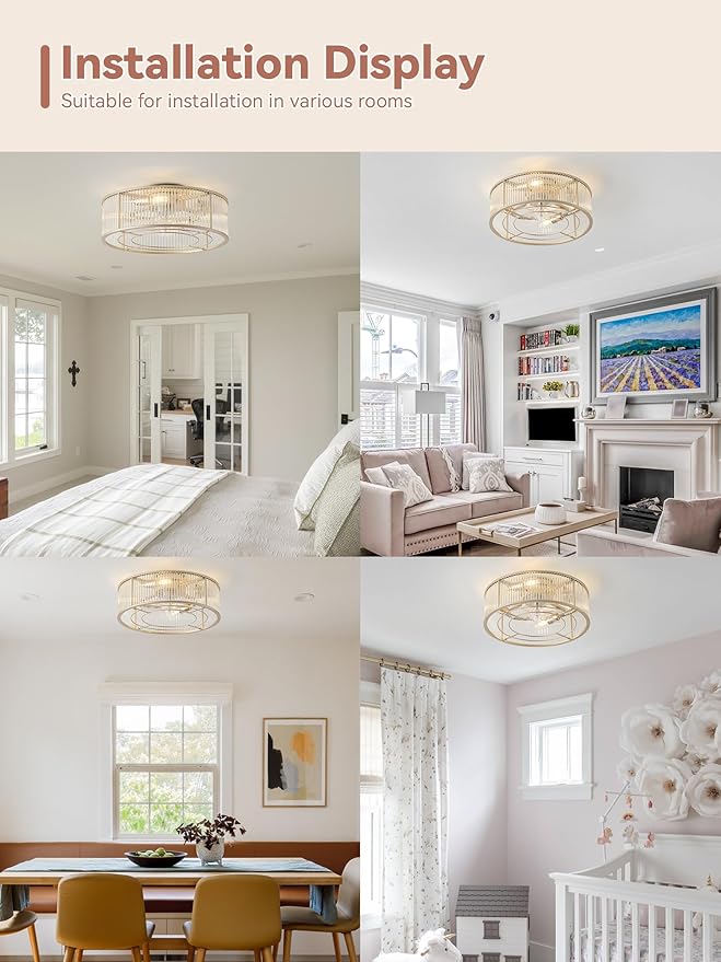 Low Profile Ceiling Fans with Lights, 20" Gold Crystal Ceiling Fan with Light Flush Mount and Remote Control, Drum Caged with 6 Speeds for Bedroom, Nursery, Living Room (Gold Crystal)