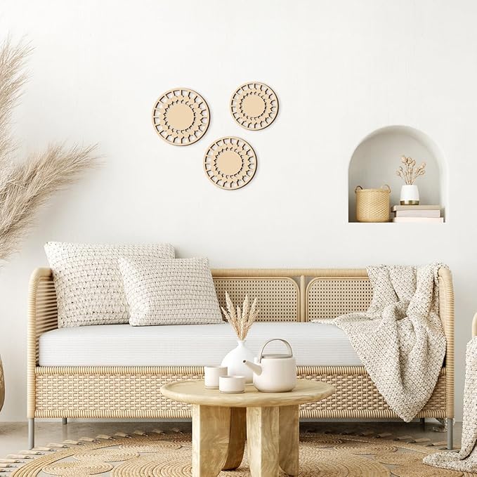 3Pcs Boho Wall Decor, Wooden Modern Circle Wall Art, Neuyral Minimalist Aesthetic Wood Decoration for Nursery Kids Room Living Room Kitchen Bedroom Office (Burlywood)