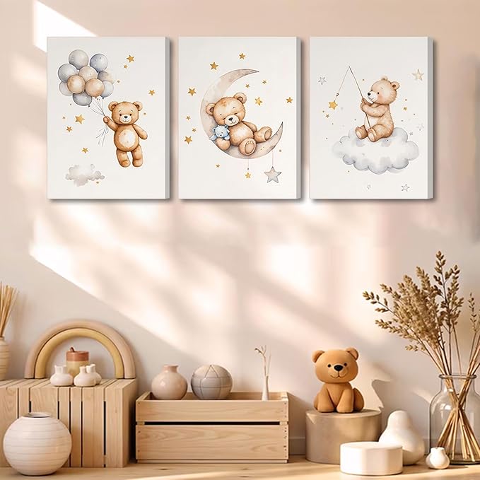 3 Pcs Framed Teddy Bear Nursery Canvas Wall Art Bear Sleeping on The Moon and Stars Wall Decor Pictures Balloon Cloud Neutral Poster Prints for Kids Baby Room Kindergarten Home Decoration 16x24in