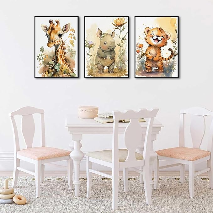 3Pcs Safari Nursery Wall Art watercolor baby Animal Wall Decor Lovely Jungle Animal Picture Painting Kids Room Posters Prints artwork for Boy Girl and Baby Room wall decoration,12x16in Poster