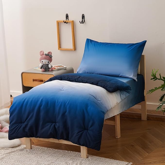 KAREVER Gradient Blue Toddler Bedding Set Ombre White Blue 4 Pieces Crib Bed Set Kids Comforter Set