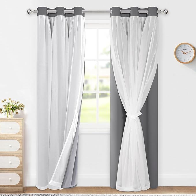 XWZO 100% Blackout Double Layer Curtains, Blackout Curtains with Sheer Overlay for Living Room, Children's Room, Grommet Thermal Insulated Privacy Curtains with Tiebacks, 2 Panels, 38x84, Grey