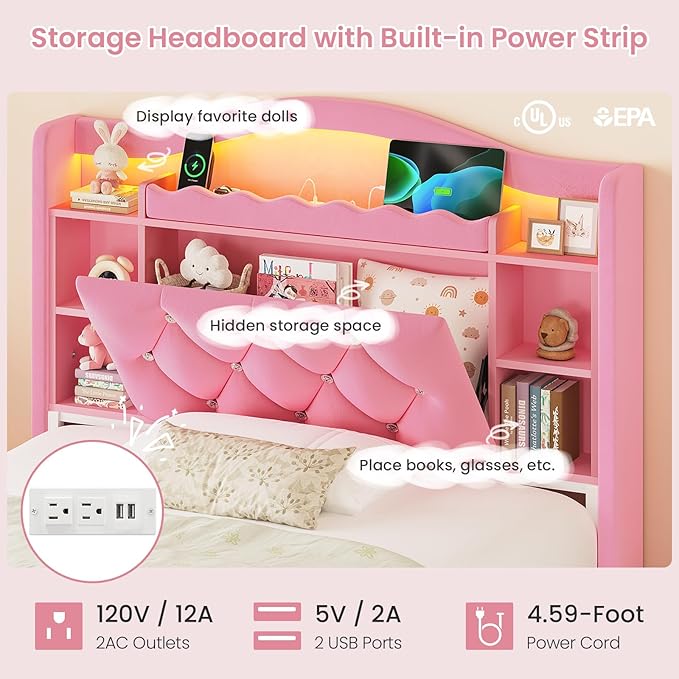 DICTAC Twin Size Bed Frame for Girls with Storage Drawers, Bookcase Headboard, LED Lights and Power Outlets, Diamond Tufted Velvet Upholstered Princess Platform Bed, Heavy-Duty Metal Support, Pink