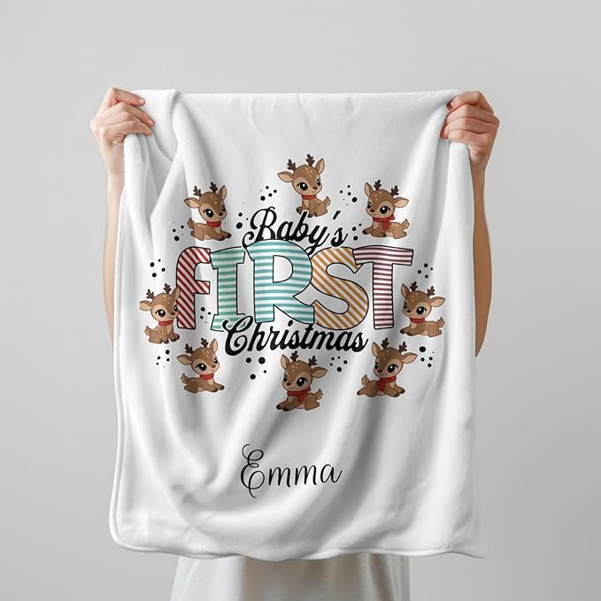 Personalized Baby's First Christmas Blanket, Custom Reindeer Baby Name Christmas Blanket, Soft Fleece Or Sherpa Throw, Baby Shower, Made in USA