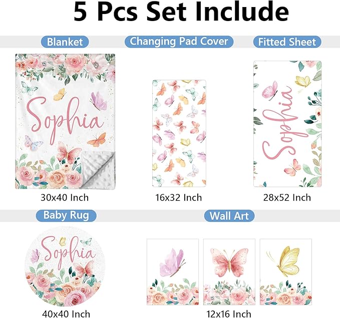 Personalized Crib Set, 5 Pcs Custom Baby Crib Sets with Name, Double Layer Butterfly Nursery Bedding Set for Girls, Soft Flannel Bedding Set, Toddler Infant Customized Gift
