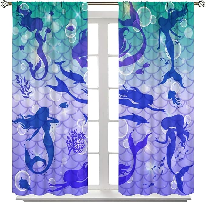 Mermaid Kids Girls Curtains Fantasy Mermaid Silhouette Ocean Theme Beautiful Blackout Window Treatment for Girls Bedroom Nursery Room Decor Rod Pocket Window Drapes 84" W X 84" L