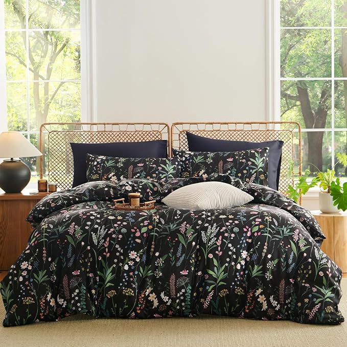 Floral Duvet Cover King Black 3 Pieces Elegant Botanical Flower Bedding Set Farmhosue Aesthetic Bedding Soft Microfiber Duvet Cover Set with 2 Pillowcases