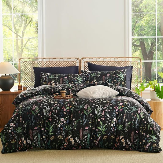 Floral Duvet Cover King Black 3 Pieces Elegant Botanical Flower Bedding Set Farmhosue Aesthetic Bedding Soft Microfiber Duvet Cover Set with 2 Pillowcases