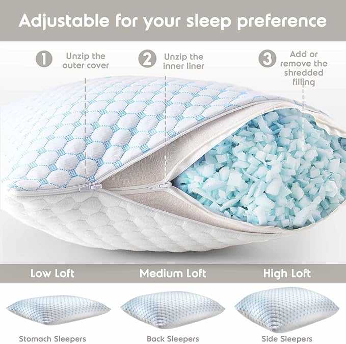 Nestl Cooling Pillow for Sleeping 2 Pack, Luxury Shredded Memory Foam Body Pillow Set of 2, Adjustable Cold Gel Pillows for Hot Sleepers Supportive Long Pillow for Side Back Stomach Sleepers